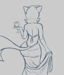  2023 alcohol anthro beverage big_butt butt callmewritefag clothed clothing container cup digital_drawing_(artwork) digital_media_(artwork) domestic_cat dress drinking_glass fan_character felid feline felis female fur glass glass_container glass_cup hair hanna-barbera hi_res juliet_mcgrimal_(callmewritefag) mammal mature_anthro mature_female monochrome simple_background sketch solo swat_kats tail wine_glass 