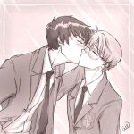  2boys artist_name blush cardcaptor_sakura closed_eyes glasses greyscale iriemanga kinomoto_touya kiss monochrome multiple_boys necktie school_uniform simple_background size_difference sketch standing tomoeda_high_school_uniform tsukishiro_yukito yaoi 