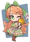  1girl chibi dress etie_(fire_emblem) fire_emblem fire_emblem_engage full_body green_eyes hair_ornament hair_ribbon holding holding_trophy long_hair one_eye_closed orange_hair ribbon solo tamatamariso85 tiara trophy 