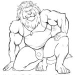  2023 anthro belly biceps bigboarjun black_and_white bulge clothing crouching deltoids felid grin hand_on_leg hi_res lifegaurd lion looking_at_viewer male mammal manly monochrome musclegut muscular pantherine pecs shirt simple_background slightly_chubby smile solo speedo swimwear tank_top thick_thighs topwear triceps white_background 