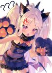  1girl ? ?? absurdres animal_ears animal_hands bat_wings blue_archive cat_ears cat_paws dress fur_trim hair_ornament highres hina_(blue_archive) looking_at_viewer open_mouth purple_eyes solo tsubameno twitter_username white_hair wings x_hair_ornament 