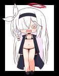  1girl @_@ bikini black_background black_bikini black_choker black_footwear black_hairband black_jacket blue_archive blush braid chibi choker collarbone facing_viewer full_body groin hair_over_one_eye hair_ribbon hairband halo hana_kazari highres jacket long_hair long_sleeves micro_bikini navel open_clothes open_jacket open_mouth plana_(blue_archive) ribbon shoes single_braid sleeves_past_wrists solo standing swimsuit two-tone_background very_long_hair wavy_mouth white_background white_hair white_ribbon 