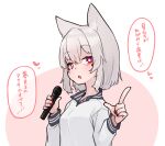  1girl animal_ear_fluff animal_ears breasts collared_shirt commentary_request grey_hair hair_between_eyes hands_up heart holding holding_microphone long_sleeves microphone nail_polish original pink_background purple_eyes red_nails shako_(syakoba3) shirt small_breasts solo translation_request two-tone_background upper_body white_background white_shirt 