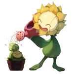  bluekomadori budew closed_eyes creature flower grass happy highres holding holding_watering_can open_mouth plant pokemon pokemon_(creature) potted_plant pouring simple_background smile sunflora water water_drop watering_can white_background 