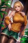  1girl ashley_graham blonde_hair breasts cowboy_shot english_commentary green_eyes green_skirt highres jacket jewelry miniskirt necklace neoartcore off_shoulder orange_jacket paid_reward_available patreon_username plant resident_evil resident_evil_4 short_hair skirt sleeveless sleeveless_turtleneck sweater thighhighs turtleneck turtleneck_sweater yellow_sweater 