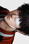  1boy bandaid bandaid_on_cheek bandaid_on_face bandaid_on_neck bishounen black_eyes black_hair candy closed_mouth eyepatch food food_in_mouth grey_background highres jacket kimonggun lollipop looking_to_the_side male_focus medical_eyepatch one_eye_covered portrait rukawa_kaede short_hair slam_dunk_(series) solo toned toned_male 