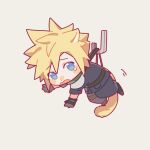  1boy animal_ears animal_feet black_gloves blonde_hair blue_eyes blue_pants blue_shirt cat_boy cat_ears cat_tail chibi cloud_strife crisis_core_final_fantasy_vii final_fantasy final_fantasy_vii gloves green_scarf hanging hao_xiang_yishui_bu_xing hook male_focus open_mouth pants scarf shirt short_hair simple_background solo spiked_hair suspenders tail teardrop tearing_up yellow_fur 