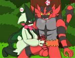  anthro balls big_breasts breasts censored duo erection female generation_7_pokemon generation_9_pokemon genitals handjob hi_res humanoid_genitalia humanoid_penis incineroar male male/female mammal meowscarada nintendo outside penile penis pokemon pokemon_(species) sex zk_(artist) 