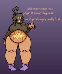  anthro clothing dialogue female food footwear fruit generation_6_pokemon hi_res nintendo open_mouth overweight overweight_anthro overweight_female plant pokemon pokemon_(species) pumpkaboo pumpkin purple_clothing purple_footwear purple_socks shedinjauser292 socks solo stomach_mouth 