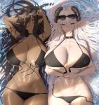  2girls bikini black_bikini black_hair breasts cleavage closed_mouth commentary_request dark-skinned_female dark_skin ear_piercing green_eyes green_nails hair_between_eyes highres horns large_breasts long_hair lying multiple_girls nail_polish narrow_waist navel one_eye_closed original parted_lips piercing pointy_ears shiroshisu smile sunglasses swimsuit underboob water wet white_hair 