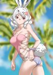  1girl animal_ears arctic_hare_(kemono_friends) bare_shoulders blue_one-piece_swimsuit cowboy_shot gradient_swimsuit hair_ornament heart heart_hair_ornament highres kemono_friends kemono_friends_3 midriff official_alternate_costume one-piece_swimsuit palm_tree pink_one-piece_swimsuit rabbit_ears rabbit_girl rabbit_tail red_eyes scrunchie short_hair sidelocks solo swimsuit tail tanabe_(fueisei) tree two-tone_one-piece_swimsuit white_hair wrist_scrunchie 