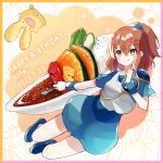  1girl arle_nadja blue_footwear blue_shirt blue_skirt blue_wristband blush border brown_eyes brown_hair carbuncle_(puyopuyo) character_name collarbone dated food hair_between_eyes happy_birthday highres holding holding_spoon index_finger_raised kashima_miyako licking_lips madou_monogatari plate ponytail puyopuyo rice salmon shirt single_shoulder_pad skirt smile solo spoon tongue tongue_out vest white_vest 