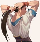  1boy a_(user_vtsy8742) black_eyes black_hair expressionless fei_fong_wong highres long_hair male_focus muscular muscular_male ponytail profile shirt short_sleeves simple_background solo tying_hair upper_body white_background white_shirt wrist_cuffs xenogears 