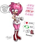  accessory amy_rose anthro blush boots bracelet clothing crop_top dialogue female female/female footwear fur gloves green_eyes hair_accessory hairband handwear hi_res intersex intersex/intersex jewelry magnum3000 pajamas pink_body pink_fur sega shirt shy solo sonic_the_hedgehog_(series) speech_bubble strip_game topwear undressing 