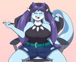  anthro belt belt_buckle big_breasts blue_body bottomwear breasts clothed clothing countershading cutoffs denim denim_clothing digital_media_(artwork) dragon eyes_closed female gaming_chair hair halter_top hi_res horn nepheria_(sspore) non-mammal_breasts pigtails purple_hair scalie shorts simple_background smile solo sspore tablet_pen tail torn_clothing wingless_dragon 
