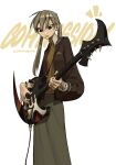  1girl arm_tattoo artist_name blonde_hair brown_jacket brown_sweater closed_mouth cross cross_earrings earrings edpan english_text feet_out_of_frame grey_skirt guitar hair_between_eyes high_collar highres holding holding_instrument instrument jacket jewelry long_hair long_skirt low_twintails maka_albarn multiple_moles multiple_rings ring scythe skirt soul_eater sweater tattoo twintails white_background 