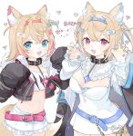  2girls animal_ear_fluff animal_ears bandaid_hair_ornament belt black_collar black_jacket blonde_hair blue_belt blue_eyes blue_hairband blue_nails blush breasts center_frills chain chain_leash claw_pose cleavage cleavage_cutout clothing_cutout collar colored_inner_animal_ears commentary cropped_jacket cropped_shirt crossed_bangs dated dog_ears dress fingernails frilled_shorts frilled_sleeves frills fuwawa_abyssgard hair_between_eyes hair_ornament hairband hairclip heart highres hololive hololive_english horn_hairband jacket large_breasts leash long_sleeves looking_at_viewer midriff mococo_abyssgard multiple_girls nail_polish navel open_mouth paw_print pink_belt pink_eyes pink_hairband puffy_long_sleeves puffy_sleeves shirt short_dress shorts siblings signature simple_background sisters sleeves_past_fingers sleeves_past_wrists symbol-only_commentary tooruruuu twins two_side_up virtual_youtuber white_background white_dress white_shirt white_shorts x_hair_ornament 