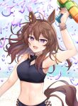  1girl absurdres ahoge animal_ears arm_strap arm_up armpits beach bead_bracelet beads bikini black_bikini bracelet breasts commentary_request ear_ornament highres holding holding_water_gun horse_ears horse_girl horse_tail jewelry long_hair looking_at_viewer medium_breasts midriff nakayama_festa_(entrust_myself_to_the_dice)_(umamusume) nakayama_festa_(umamusume) navel ocean official_alternate_costume official_alternate_hairstyle open_mouth outdoors pitsugi purple_eyes sand smile solo swimsuit tail umamusume upper_body water water_gun 