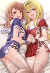  2girls bangs blonde_hair breasts brown_hair fangs female_pubic_hair frills hairband hand_up highres hojo_karen idolmaster idolmaster_cinderella_girls kurosaki_chitose long_hair mk_(mod0) multiple_girls neckerchief no_panties on_bed orange_eyes pubic_hair purple_neckerchief purple_serafuku pussy red_eyes red_serafuku sailor_collar school_uniform serafuku sideboob skirt smile thighhighs underwear white_sailor_collar white_thighhighs 