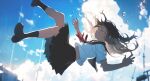  1girl black_skirt black_socks closed_eyes cloud crying day falling haluchilu knees midriff_peek original outdoors school_uniform serafuku skirt sky smile socks something_comforting_(song) tearing_up water_drop 