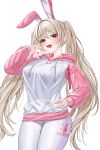  1girl absurdres alice_(nikke) alice_(nikke)_(cosplay) alice_(sweet_home)_(nikke) animal blonde_hair blush breasts cosplay cowboy_shot drawing drawstring english_text goddess_of_victory:_nikke hair_between_eyes hand_on_own_hip heart_on_chest highres hood hoodie large_breasts long_hair long_sleeves looking_at_viewer nyanbutter open_mouth original pantyhose rabbit raglan_sleeves red_eyes simple_background smile swept_bangs thighs twintails very_long_hair white_background white_pantyhose 