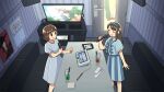  2girls :d blue_dress blue_hairband blue_necktie blue_shirt blue_skirt booth_seating brown_eyes brown_hair collared_shirt cup door dot_nose dress drink drinking_glass facing_another feet_out_of_frame grin hairband highres holding holding_microphone idol_clothes indoors karaoke karaoke_box kojiro337 long_hair looking_at_another menu microphone multiple_girls music necktie open_mouth original parted_bangs people puffy_short_sleeves puffy_sleeves shirt short_sleeves sidelocks singing skirt smile standing straight_hair table television two-tone_skirt wallpaper_(object) 