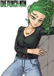  1girl absurdres atoroux denim green_eyes green_hair highres jeans jewelry lying necklace on_side pants solo tatsumaki 