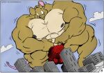  2010 anthro big_abs big_muscles big_pecs big_quads biped body_size_growth border brown_body brown_fur building city cloud color_edit colored cooner crouching fist flexing_both_biceps flexing_muscles fur growth_sequence huge_biceps huge_muscles huge_pecs huge_quads low-angle_view macro male mammal mouse murid murine muscular nipples notveryathletic pecs rodent size_transformation sky skyscraper smile solo tail third-party_edit toony transformation white_border 