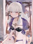  1girl alternate_costume bikini black_bikini blush breasts closed_mouth commentary_request cup drinking_glass fire_emblem fire_emblem:_three_houses hair_between_eyes hair_ornament highres long_hair looking_at_viewer lysithea_von_ordelia moon night night_sky palm_tree petals pink_eyes purple_bikini repu_(rep_sha) sitting sky small_breasts solo star_(sky) swimsuit tree twitter_username two-tone_bikini veil white_hair 