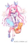  1girl angelic_link apple baguette basket blue_dress blue_eyes blue_footwear blue_ribbon bobby_socks bow bread character_request commentary_request dress feathered_wings food frilled_dress frilled_socks frills fruit grapes hair_ornament hair_ribbon hairclip holding holding_basket long_hair long_sleeves official_art pink_hair puffy_long_sleeves puffy_sleeves purple_bow red_apple ribbon shirt shoes simple_background sleeveless sleeveless_dress sleeves_past_wrists socks solo swept_bangs two_side_up usashiro_mani very_long_hair white_background white_shirt white_socks white_wings wings 