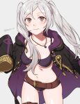  1girl ass_visible_through_thighs belt bikini black_coat blush breasts brown_belt coat commentary cowboy_shot fire_emblem fire_emblem_awakening fire_emblem_heroes grey_background grey_hair highres jewelry long_sleeves medium_breasts navel necklace o-ring official_alternate_costume open_clothes open_coat peach11_01 purple_bikini robin_(female)_(fire_emblem) robin_(fire_emblem) simple_background sleeves_past_fingers sleeves_past_wrists solo standing stomach swimsuit thighs twintails underboob 