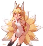  1girl absurdres animal_ear_fluff animal_ears arpeggio_kaga black_thighhighs blonde_hair breasts china_dress chinese_clothes dress fox_ears fox_girl fox_tail hair_between_eyes highres looking_at_viewer multiple_tails open_mouth original red_eyes short_hair simple_background sleeveless sleeveless_dress small_breasts solo standing tail thighhighs thighs white_background white_dress 