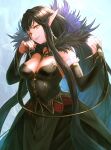  1girl armlet bare_shoulders black_dress blush breasts bridal_gauntlets brown_hair cleavage detached_sleeves dress fate/apocrypha fate_(series) fur_trim gold_trim highres large_breasts long_hair looking_at_viewer otsukemono pointy_ears revision ribbon semiramis_(fate) sidelocks slit_pupils smile solo spikes very_long_hair yellow_eyes 