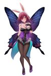  absurdres alternate_costume animal_hood bare_shoulders black_pantyhose blue_eyes breasts camilla_(fire_emblem) camilla_(fire_emblem)_(cosplay) camilla_(spring)_(fire_emblem) commission cosplay croenji facial_mark facing_viewer fairy fairy_wings fire_emblem fire_emblem_heroes hair_over_one_eye high_heels highres hood large_breasts looking_at_viewer pantyhose pumps purple_hair rabbit_hood second-party_source triandra_(fire_emblem) wings 