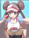  1girl :d black_pantyhose blush breasts bright_pupils brown_hair cleavage collarbone commentary_request commission dan_nako double_bun doughnut_hair_bun green_eyes hair_bun highres holding holding_poke_ball korean_commentary open_mouth outstretched_arm pantyhose poke_ball poke_ball_(basic) pokemon pokemon_(game) pokemon_bw2 raglan_sleeves rosa_(pokemon) selfie short_shorts shorts signature smile solo twintails visor_cap white_pupils yellow_shorts 