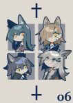  4girls :| absurdres animal_ear_fluff animal_ears arknights black_necktie blonde_hair blue_hair blue_necktie character_request chibi closed_mouth cross extra_ears flower frown ghost_(tama) grey_eyes grey_necktie hair_over_one_eye highres inverted_cross lappland_(arknights) looking_up medium_hair mole_above_eye mole_on_forehead multiple_girls necktie orange_eyes penance_(arknights) purple_flower purple_rose raised_eyebrow red_necktie rose short_hair simple_background smirk smoking_pipe suit teardrop texas_(arknights) texas_the_omertosa_(arknights) wolf_ears wolf_girl yellow_eyes 