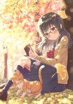  1girl animal autumn autumn_leaves black_hair blush book bow bowtie braid brown_eyes cardigan cat dappled_sunlight day ginkgo_leaf glasses half_updo highres holding holding_book ibuki_ena knees_up leaf long_hair long_sleeves on_ground original outdoors parted_lips pleated_skirt reading school_uniform serafuku sitting skirt socks solo sunlight tree under_tree 