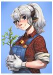  1girl animal_ears bell blue_background blue_eyes blush border breasts brown_horns closed_mouth collared_shirt commentary cow_ears cow_girl cow_horns english_commentary gloves hair_between_eyes high_ponytail highres holding holding_plant horns jingle_bell large_breasts long_hair looking_at_viewer medium_bangs nandi_(puchirisu) neck_bell original plaid plaid_shirt plant potted_plant puchirisu red_shirt shirt sleeves_rolled_up smile solo upper_body white_border white_gloves white_hair 