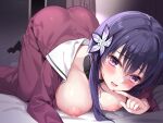  1girl blush breasts breasts_out collar dress finger_to_mouth hair_ornament heart heart-shaped_pupils ikura_nagisa indoors large_breasts long_hair long_sleeves looking_at_viewer nipples open_clothes open_mouth original purple_eyes purple_hair red_dress solo symbol-shaped_pupils 