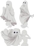  ._. 1boy 1girl angry bed_sheet breasts english_commentary fleeing ghost ghost_costume ghost_tail highres large_breasts mrfishcorpse original pulling running sheet_grab smile solid_circle_eyes taut_clothes white_background 