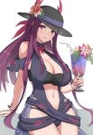  1girl bare_shoulders black_headwear breasts cleavage clothing_cutout cup dress drink fire_emblem fire_emblem_engage fire_emblem_heroes gonzarez hat highres ivy_(fire_emblem) large_breasts long_hair looking_at_viewer mole mole_under_mouth official_alternate_costume one-piece_swimsuit purple_eyes purple_hair sitting solo stomach_cutout swimsuit 