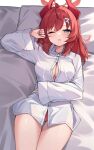  1girl ;o absurdres ahoge alternate_costume bed_sheet blue_archive blush breasts cleavage demon_horns halo highres horns looking_at_viewer lying lyu medium_breasts megu_(blue_archive) no_pants one_eye_closed panties pillow red_hair red_panties shirt solo underwear white_shirt ziro_(zirorong) 