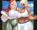 abs angry breasts debonair_diamond grabbing grabbing_another&#039;s_breast grimm_(red_hood) highres huge_breasts muscular muscular_female nipples_pressed_together rashjudgement red_hood red_hood_(kawaguchi) scar sky teasing thick_thighs thighs tomboy wide_hips 
