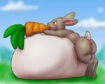  alvro belly big_belly bloated blush butt carrot cloud detailed feral field food food_in_mouth giant_food grass grey_body grey_tail hyper hyper_belly immobile lagomorph leporid lying mammal on_front overeating plant rabbit scut_tail shaded short_tail solo stuffing tail vegetable weight_gain 