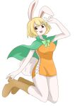  2023 anthro blonde_hair boots bow_ribbon breasts brown_eyes cape carrot_(one_piece) clothing eyebrows eyelashes female footwear fur gesture green_cape hair lagomorph leporid long_ears looking_at_viewer mammal minkmen_(one_piece) one_piece open_mouth open_smile rabbit she_lath short_hair simple_background smile solo v_sign white_background white_body white_fur 