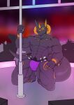  absurd_res anthro anubis black_body black_fur canid canine canis clothed clothing deity detailed_background domestic_dog egyptian_mythology fur hi_res horn male mammal middle_eastern_mythology muscular muscular_male mythology solo stripper underwear underwear_only unknown_(artist) 
