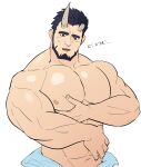  1boy abs bara beard blush broken_horn demon_boy demon_horns facial_hair grabbing_own_pectorals highres horns kansuke_(kansuke_717) large_pectorals live_a_hero male_focus mature_male muscular muscular_male navel nessen_(live_a_hero) nipples open_mouth pectoral_focus pectorals short_hair solo sweatdrop topless_male translation_request upper_body 