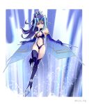  1girl adapted_costume blizzard_falcon blizzard_falcon_(cosplay) blue_hair breasts chaya_mago cosplay elbow_gloves garter_straps gloves harpie_queen harpie_queen_(cosplay) high_heels kamishiro_rio large_breasts long_hair navel ponytail red_eyes revealing_clothes signature solo thighhighs twitter_username yu-gi-oh! yu-gi-oh!_zexal 