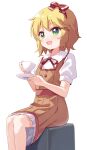  1girl :d bare_legs blonde_hair bow commentary_request cup green_eyes hair_bow haru_(konomi_150) holding holding_cup holding_saucer idolmaster idolmaster_cinderella_girls open_mouth puffy_short_sleeves puffy_sleeves red_bow sakurai_momoka saucer short_hair short_sleeves simple_background sitting smile solo white_background 