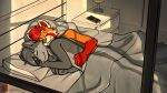  ailurid anthro bed bed_sheet bedding bedroom canid canine canis cozy cuddling duo fudatsu fur furniture grey_body grey_fur hi_res inside lamp male male/male mammal orange_body orange_fur phone pillow red_panda seb_the_red_panda sweaciabic wolf zach_the_wolf 